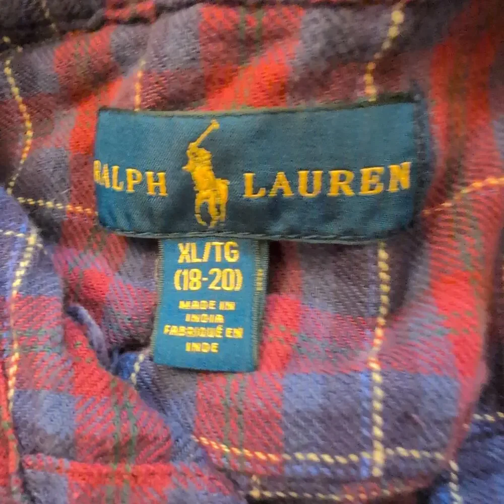 VTG‎ Ralph Lauren Youth XL Button Up Shirt Plaid Horse Red Maroon